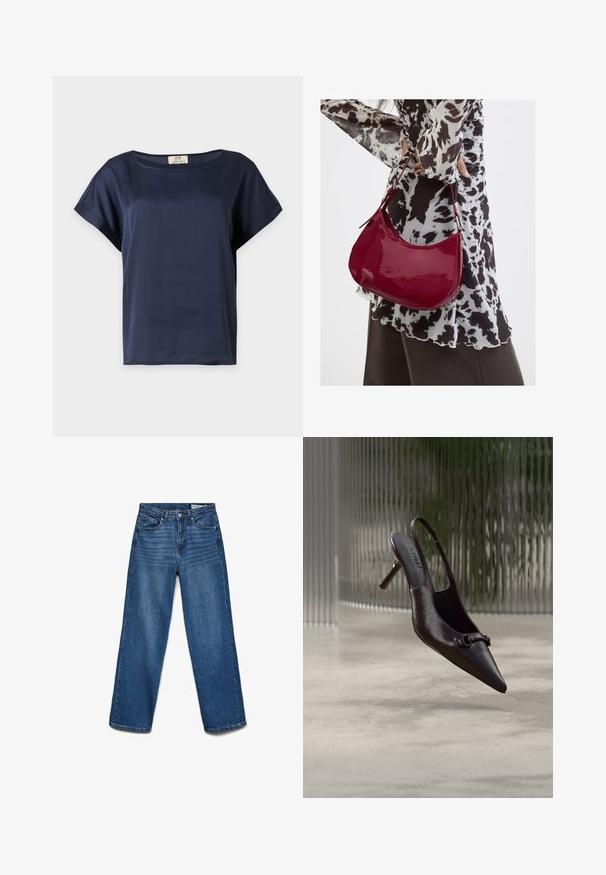 Blusa azul marino de manga corta con cuello redondo y puños doblados, mostrada sobre un fondo liso y claro.; Vaqueros azules de pierna recta con botón y cremallera delanteros, cinco bolsillos y detalles sutiles de desgaste en los muslos.; Zapato de tacón alto tipo slingback negro y brillante con punta puntiaguda y una pequeña hebilla decorativa, flotando sobre un suelo de hormigón con un fondo de vidrio texturizado.; Mujer con blusa de estampado en blanco y negro sosteniendo un bolso de hombro rojo brillante sobre un fondo liso.