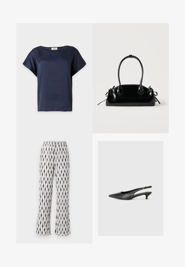 Blouse bleu marine à manches courtes avec encolure ronde et poignets repliés, présentée sur un fond clair uni.; Un pantalon large en tissu crème, présentant un motif répétitif de gouttes d'eau bleu marine. La taille élastique et la texture douce accentuent le confort.; Chaussure slingback noire à bout pointu en cuir lisse. Présente un talon fin et un détail de boucle sur la sangle réglable.; Petit sac à main noir brillant avec deux longues anses et des détails à cordon sur les côtés sur un fond clair uni.
