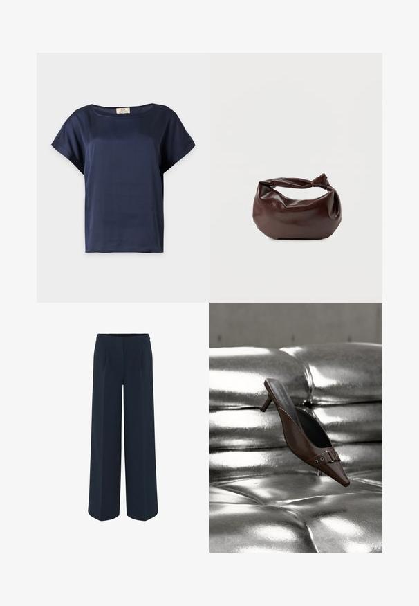 Marineblauwe blouse met korte mouwen, ronde hals en omgeslagen manchetten, getoond op een effen lichte achtergrond.; Wijd-uitlopende broek in donkerblauw, met een gladde stof, op maat gemaakte plooien en een hoge taille. Geen zichtbare zakken of versieringen.; Bruine mule met hoge hak en puntige neus, voorzien van gespsdetail, zwevend boven een glanzend zilveren, getufte leren oppervlak.; Donkerbruine leren schoudertas met een zachte, slungelige vorm en een gedraaide knoopvormige handgreep op een effen witte achtergrond.