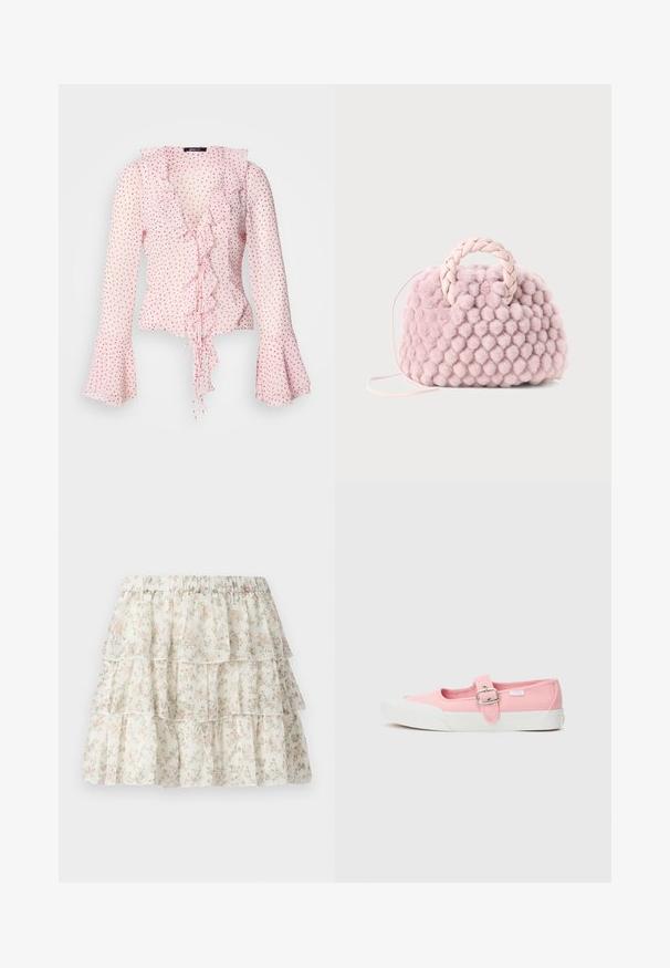 Blusa rosa con escote con volantes y mangas acampanadas, con un patrón de lunares en rosa más oscuro y un detalle de lazo en la parte delantera.; Falda blanca con un diseño de capas y volantes. Presenta un delicado patrón floral en rosa y verde. Cintura elástica para mayor comodidad.; Zapatilla de lona rosa con suela plana, que presenta una correa y hebilla en la parte media del pie. Suela de goma blanca con un diseño limpio y simple.; Bolso de mano texturizado en forma de pom-pom rosa con un asa trenzada y una correa delgada. Forma redonda, superficie suave, diseño compacto.