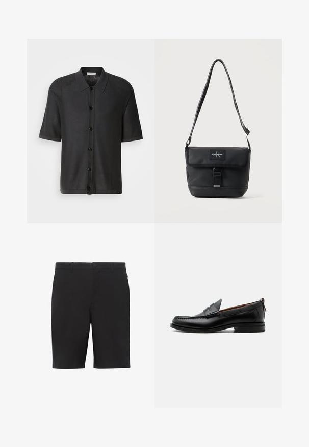 Sort kortærmet skjorte med mesh-struktur, knapfront og krave. Har en glat kant og subtil branding forneden.; Sorte shorts lavet af letvægtsstof, med flad front, standard linning og sidelommer. Glat tekstur uden synlige mønstre.; Sort læder herre loafer med moc-tå syning, penny strop, struktureret krave og lav stablet hæl på hvid baggrund.; Sort Calvin Klein skuldertaske med justerbar rem, forklap, spændelukning og synligt brandlogo-patch.