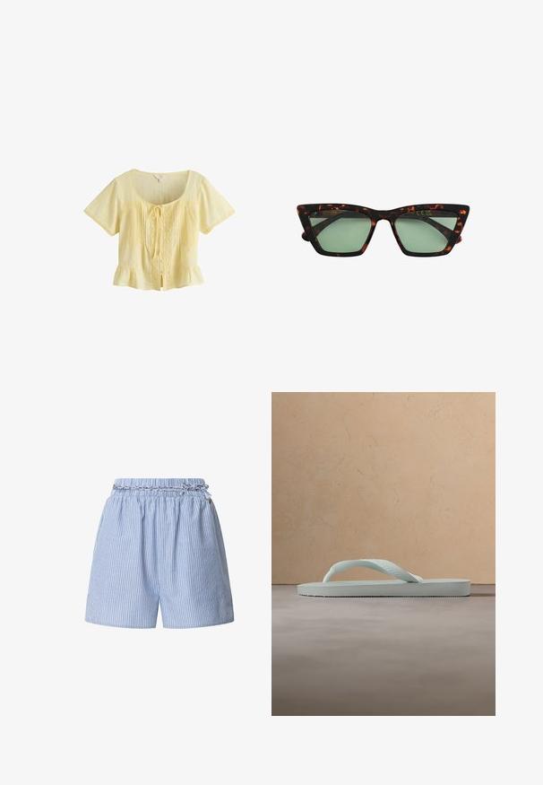 Lys gul bluse med korte ærmer med blondepaneler, knapper foran, snøre ved halsudskæringen og flæsekant på hvid baggrund.; Blå stribede shorts med elastisk talje og et flettet snor. Har vertikale hvide striber og et afslappet design.; Enkel lysebeige gummiflipflop med tekstureret fodseng og Y-formet rem mod en ensfarvet grå baggrund.; Brillesolbriller med skildpadde-mønster i katteøjen-stil, med mørkegrønne tonede linser og kantede stel, vist på en hvid baggrund.