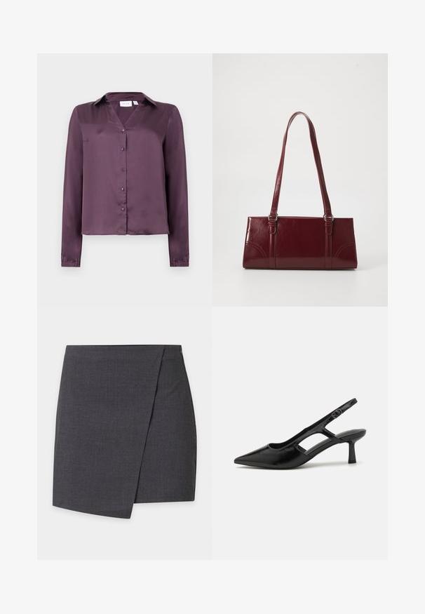 Paarse satijnen blouse met lange mouwen, kraag en knopen aan de voorkant, met een licht verkorte zoom.; Donkergrijze minirok in wikkelstijl met strakke lijnen en een subtiel overlappend detail aan de zijkant.; Zwarte slingback hakken met een spitse neus, gemaakt van glanzend materiaal, met uitsnijdingen en een gematigde hak voor ondersteuning.; Bourgondische handtas van glanzend materiaal, rechthoekige vorm, met twee schouderbanden en subtiele gebogen accenten aan de voorkant.