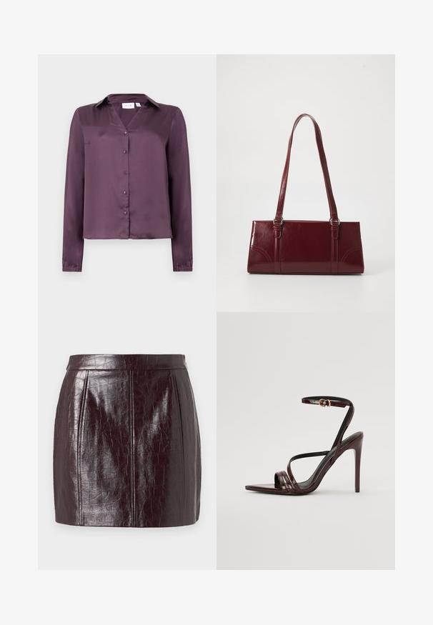 Paarse satijnen blouse met lange mouwen, kraag en knopen aan de voorkant, met een licht verkorte zoom.; Bordeaux neplederen rok met een gestructureerd krokodillenpatroon, met een hoge taille en twee verticale naden voor structuur.; Bordeaux gepatineerde leren hoge hakken sandaal met een enkelbandje, puntige neus en drie horizontale banden over de voet. Details met gouden gesp.; Bourgondische handtas van glanzend materiaal, rechthoekige vorm, met twee schouderbanden en subtiele gebogen accenten aan de voorkant.