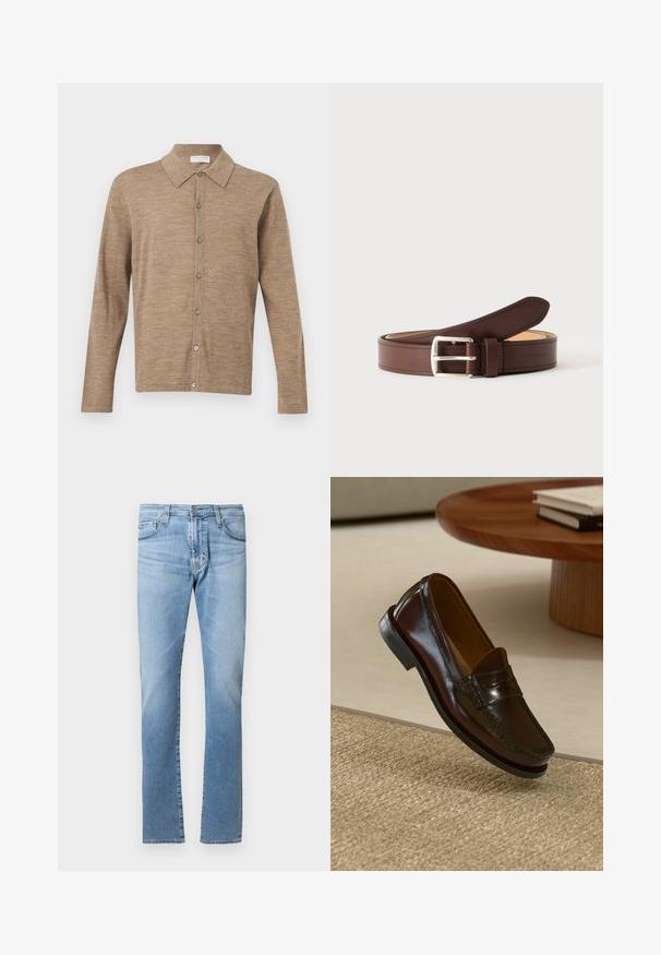 Beige cardigan met lange mouwen en knopen, voorzien van een kraag, gemaakt van zacht gebreide stof, weergegeven op een effen witte achtergrond.; Lichtblauwe spijkerbroek met rechte pasvorm, vijfzakkenontwerp en knoopsluiting in de taille. Gladde textuur met lichte vervaging.; Bruine leren instappers met een glanzende afwerking, voorzien van een gestikt detail aan de voorkant en een low-profile zwarte rubberen zool.; Bruine leren riem met zilverkleurige rechthoekige gesp, opgerold op een lichtgrijze achtergrond, met gedetailleerd stiksel langs de randen.