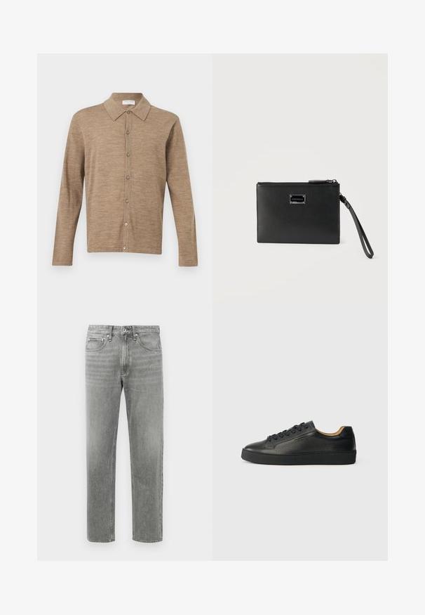 Beige langærmet cardigan med knapper og krave, lavet af blødt strikket stof, vist på en ensartet hvid baggrund.; Grå denim jeans med lige ben, der har et klassisk fem-lomme-design og subtilt slid for tekstur. Standard lynlåslukning.; Sorte lavtop lædersneakers med tekstureret overflade, sorte snørebånd og tyk gummisål, vist fra siden på en lys baggrund.; Sort rektangulær læderhåndledspunge med lynlås og en lille metalmærke med mærkenavn placeret i midten foran.