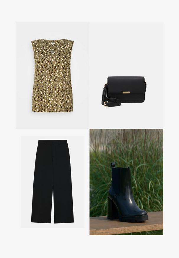 TOM TAILOR Blouse - green; Pantalons noirs à jambe large en tissu lisse. Dotés d'une taille plate avec passants de ceinture et sans poches visibles. Design simple.; Bottine en cuir noir brillant avec un talon chunky haut et une languette, présentée sur une surface en bois avec un arrière-plan de grande herbe verte.; Sac en cuir noir avec un rabat, accents en matériel doré, sangle réglable et surface texturée. Forme rectangulaire compacte.