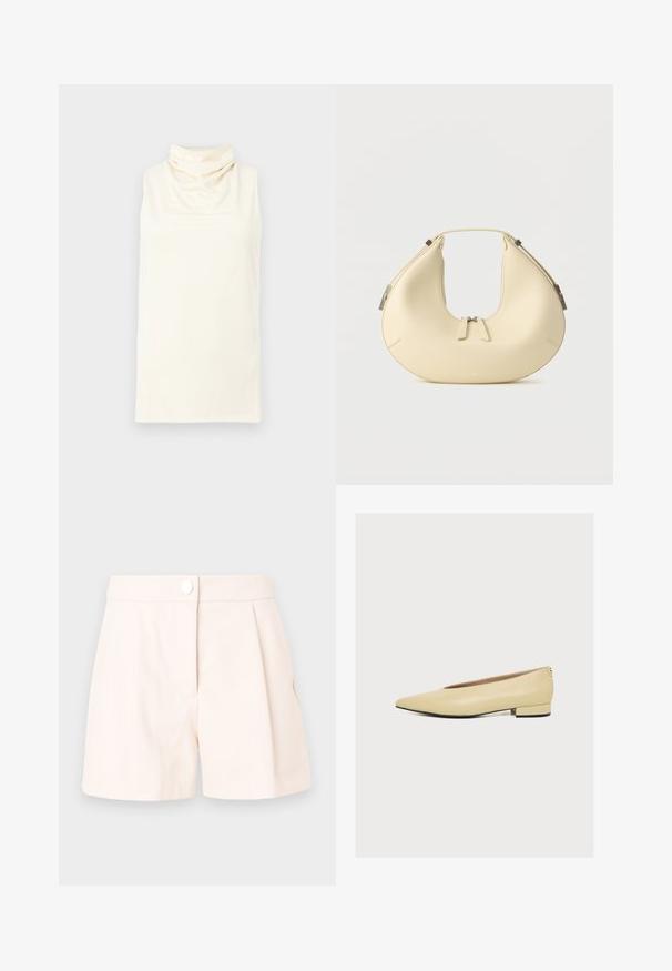 Top sin mangas de color crema con un cuello alto y suave tipo tortuga y una silueta lisa y ajustada.; Pantalones cortos plisados beige hechos de una tela ligera, con cierre de botón y líneas limpias y ajustadas. Textura suave y diseño minimalista.; Furla DORA BALLERINA - Bailarinas - morning; Bolso beige en forma de media luna con cierre de doble cremallera y asa corta, con detalles de herrajes plateados en los lados.