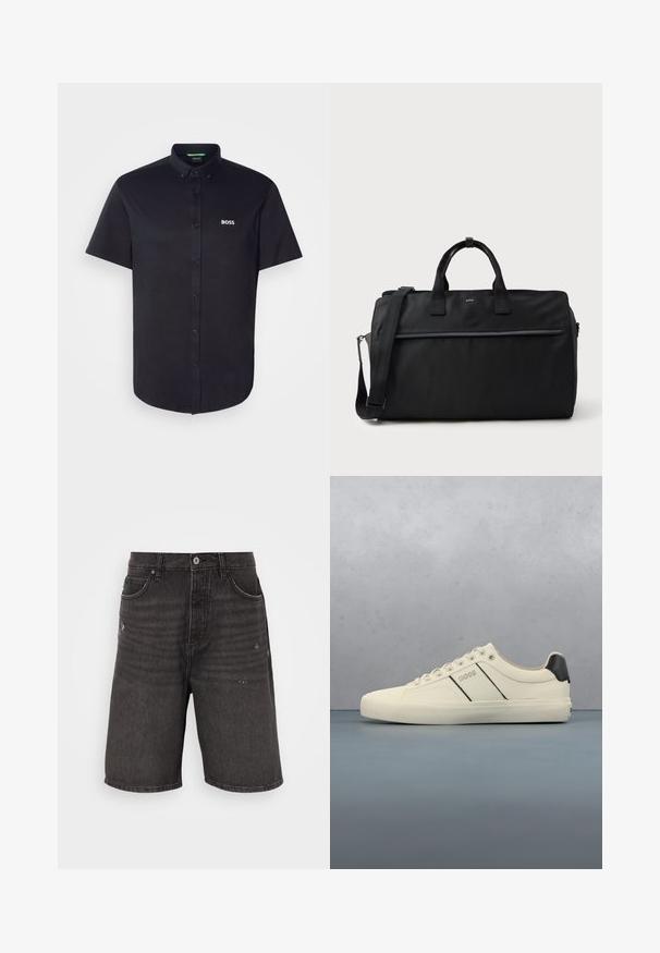 Camisa negra de manga corta con botones, hecha de algodón, con cuello clásico, corte regular y un logo blanco "BOSS" bordado en el pecho.; Shorts de mezclilla negra con un corte relajado, que cuentan con bolsillos frontales, una textura desgastada y una cinturilla clásica con un cierre de botón sencillo.; Zapatillas de color crema con una textura suave, que presentan acentos y marcas en negro. Diseño clásico de cordones con punta redonda y suela de goma.; Bolsa de viaje rectangular negra con asas dobles, correa de hombro ajustable, bolsillo delantero con cremallera y pequeño logo "BOSS" en la parte frontal.