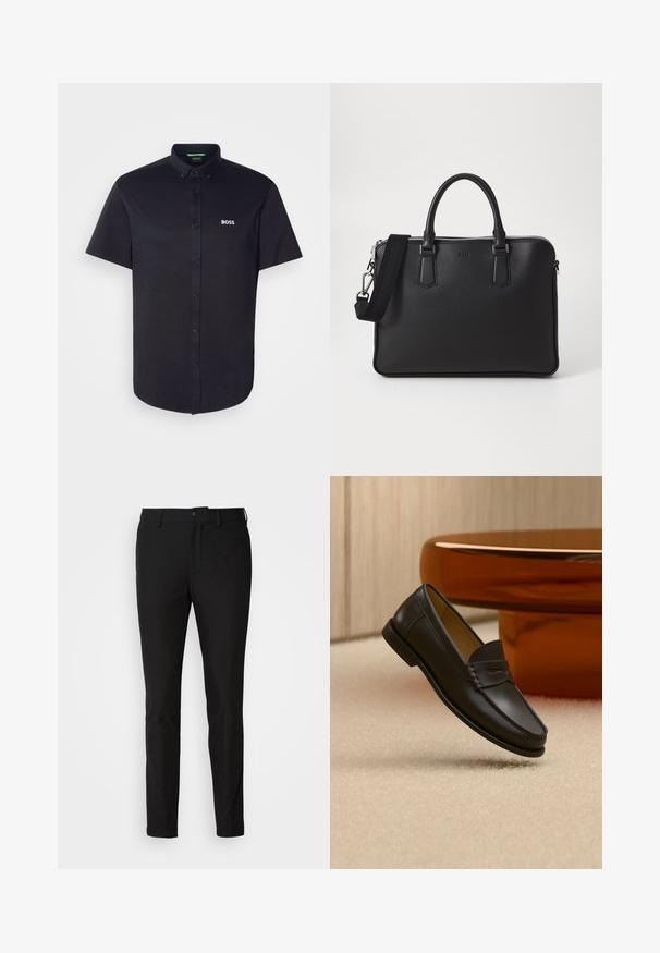 Camisa negra de manga corta con botones, hecha de algodón, con cuello clásico, corte regular y un logo blanco "BOSS" bordado en el pecho.; Pantalones negros de corte ajustado, con cierre de botón, cremallera y dos bolsillos frontales. Tejido suave con un acabado mate.; Zapato mocasín de cuero negro suspendido sobre una alfombra beige con muebles modernos de color ámbar en el fondo.; Bolso de cuero negro con superficie texturizada, dos asas y una correa para el hombro desmontable. Presenta cremalleras plateadas y elementos de diseño minimalistas.