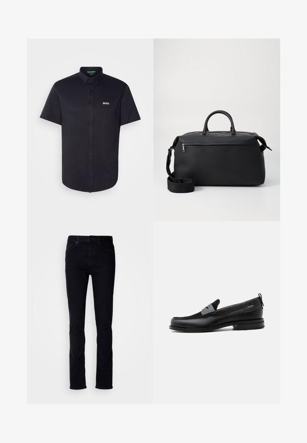 Mustast puuvillast valmistatud lühikeste varrukatega nööpidega särk, millel on klassikaline krae, tavaline lõige ja rinnal valge "BOSS" tikand.; Mustad teksased, mis on slim fit lõikega, viie taskuga disainiga, nähtava õmblusega ja nööbiga sulgemisega. Sile tekstuur ilma lisamustriteta.; Must nahast loafer halli rihma detailiga, madala kand ja tekstuurse tallaga, külgedel kuldse "HUGO" brändiga.; Mustast nahast duffel kott kahe ülemise käepideme, eemaldatava õlarihma ja lukuga esikoti lisarakendamisega.