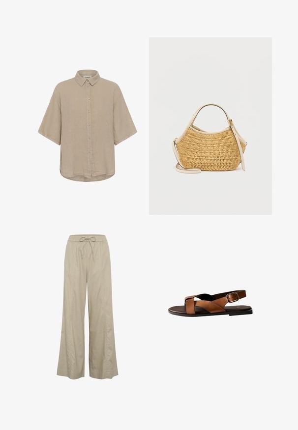 Camisa beige de manga corta con botones, con cuello clásico y corte relajado, fabricada con tela ligera.; Pantalones de pierna ancha beige hechos de una tela ligera, con cintura elástica y cordón ajustable y bolsillos laterales. Textura suave, diseño minimalista.; Sandalia plana de cuero marrón con tiras entrecruzadas, hebilla ajustable y suela negra, mostrada en perfil lateral sobre fondo blanco.; Bolso tejido beige de forma redondeada, con asa de cuero crema y correa ajustable para el hombro con detalle de hebilla en tono dorado.