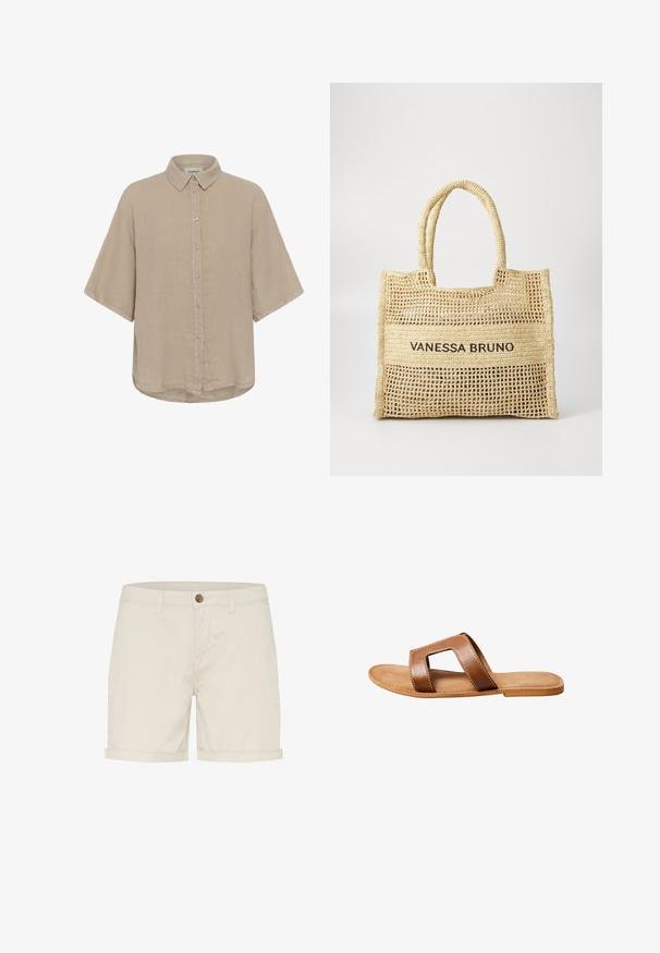 Beiges kurzärmeliges Hemd mit klassischem Kragen und lockerem Schnitt, aus leichtem Stoff gefertigt.; Helle beige Baumwollshorts mit Knopfverschluss, umgeschlagenen Säumen und Seitentaschen. Glatte Textur und maßgeschneiderte Passform für Komfort.; Brauner Ledersandale zum Hineinschlüpfen mit breitem Riemen und rechteckigem Ausschnitt, flacher Sohle und sichtbarer weißer Naht auf weißem Hintergrund.; Beige gewebte Tragetasche mit zwei Griffen und "VANESSA BRUNO" in Schwarz auf einem einfarbigen gewebten Feld in der Mitte aufgedruckt.
