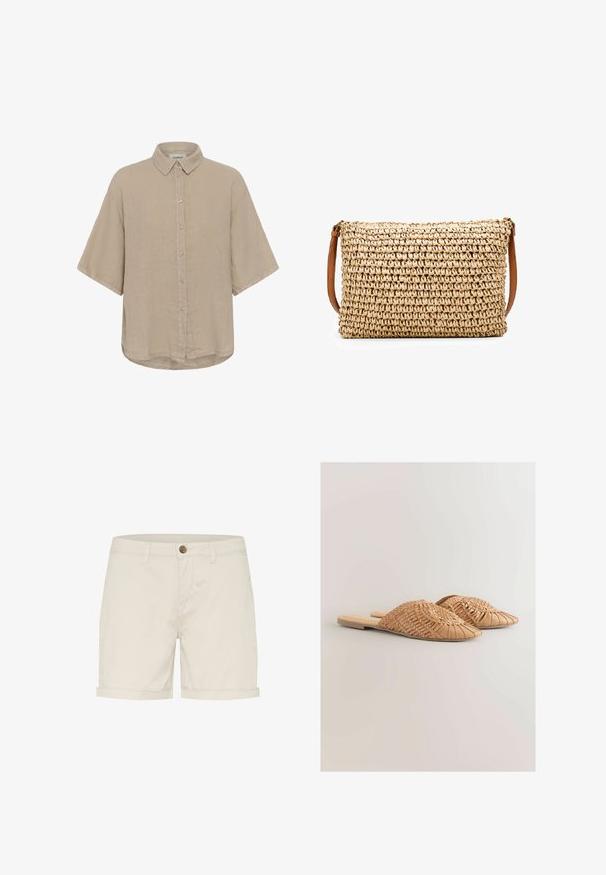 Camisa beige de manga corta con botones, con cuello clásico y corte relajado, fabricada con tela ligera.; Bermudas de algodón de color beige claro con cierre de botón, puños doblados y bolsillos laterales. Textura suave y diseño ajustado para mayor comodidad.; Sandalias deslizantes de cuero trenzado en color marrón claro, con un diseño de parte superior trenzada de gran tamaño y una suela plana. La punta afilada aporta un aspecto elegante.; Bolso de paja trenzada tipo bandolera con una correa de cuero marrón; forma rectangular; superficie texturizada; color natural con un patrón de tejido ajustado.
