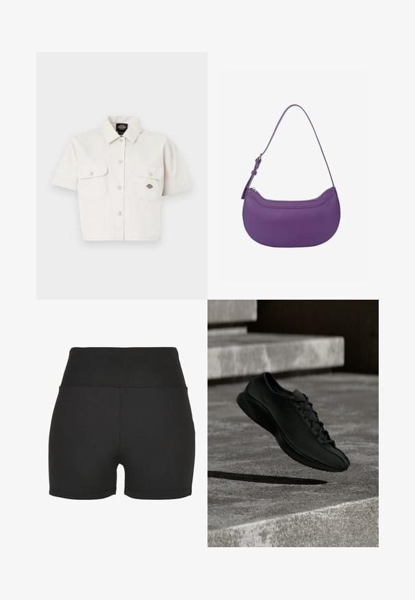 Kurze ärmelige, cropped weiße Bluse aus Baumwolle mit zwei Brusttaschen, Knopfleiste vorne und einem Logopatch auf der linken Tasche.; Schwarze, hoch taillierte Sportshorts aus glattem, dehnbarem Material. Mit glatten Nähten und einem figurbetonten Design, ideal für Sportbekleidung.; Schwarzer Sportschuh mit glatter Textur, abgerundeter Spitze und flacher Sohle. Er verfügt über ein dezentes Logo und ein traditionelles Schnürsystem und schwebt über Beton.; Lila Lederhandtasche mit geschwungener Form, einem verstellbaren Einzelriemen und Reißverschluss oben. Glatte Textur mit einfachem Steppmuster.