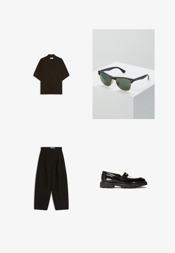 Chemise à manches courtes marron foncé avec boutons, col et poche poitrine, posée à plat sur un fond blanc.; Pantalon noir à jambes larges en tissu doux, avec un devant plissé, une fermeture à boutons et des poches latérales pour plus de fonctionnalité.; Mocassins en cuir verni noir avec un accent en cuir blanc, semelle épaisse en caoutchouc noir, et détails cousus. Texture lisse avec une finition brillante.; Lunettes de soleil Ray-Ban avec des verres verts, monture en plastique noir et accents dorés sur les bords. Forme carrée avec une finition mate.