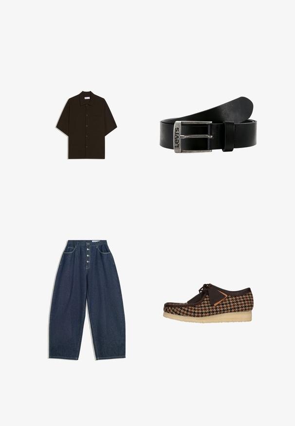 Dunkelbraunes kurzärmeliges Hemd mit Knöpfen, Kragen und Brusttasche, flach auf weißem Hintergrund liegend.; Dunkelblaue Denim-Hose mit weiter Beinform und hoher Taille, fünfknöpfigem Verschluss und fünf Taschen. Mit Steppnähten an den Nähten.; Brauner textile Schuh mit Hahnentrittmuster, Lederdetails und Schnürdesign. Dicke, strukturierten Sohle sorgt für Unterstützung und Stabilität.; Schwarzer Leder-Gürtel mit einer silbernen rechteckigen Schnalle. Die Schnalle ist vorne mit dem eingeprägt "Levi's"-Logo versehen. Glatte Textur.