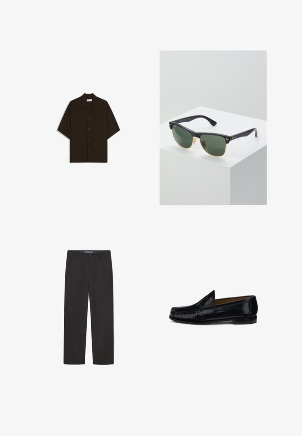 Chemise à manches courtes marron foncé avec boutons, col et poche poitrine, posée à plat sur un fond blanc.; Pantalon noir en tissu lisse, avec une coupe droite, une taille avec un bouton de fermeture, et sans motifs ni accents visibles.; Mocassin pour homme en cuir noir avec couture moc toe et petit talon empilé, présenté en profil droit sur fond blanc.; Lunettes de soleil Ray-Ban avec des verres verts, monture en plastique noir et accents dorés sur les bords. Forme carrée avec une finition mate.