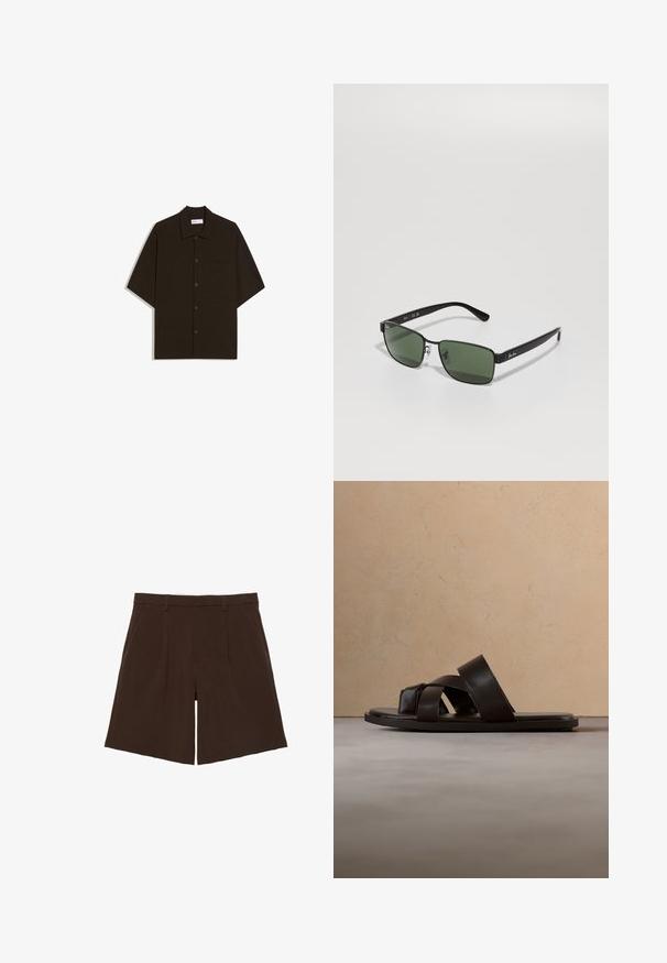 Dunkelbraunes kurzärmeliges Hemd mit Knöpfen, Kragen und Brusttasche, flach auf weißem Hintergrund liegend.; Dunkelbraune, knielange, maßgeschneiderte Shorts mit Gürtelschlaufen und vorderen Falten, flach auf weißem Hintergrund präsentiert.; Schwarze Leder-Sandale mit flachem Absatz und drei überkreuzten Riemen, schwebend über einem gewebten Teppich aus Naturfasern.; Schwarze rechteckige Sonnenbrille mit grünen Gläsern, metallischen Akzenten am Rahmen und markantem Logo an den Schläfen. Leicht und schlank im Design.