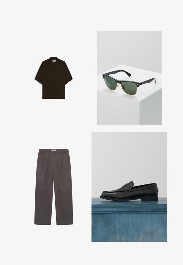 Chemise à manches courtes marron foncé avec boutons, col et poche poitrine, posée à plat sur un fond blanc.; Pantalons gris à jambes larges en tissu lisse, dotés d'une fermeture à bouton et de deux poches latérales. Design simple et épuré sans motifs visibles.; Mocassins noirs en cuir avec un design élégant, comportant un bout cousu et une finition lisse. La chaussure possède un talon bas et un minimum de détails.; Lunettes de soleil Ray-Ban avec des verres verts, monture en plastique noir et accents dorés sur les bords. Forme carrée avec une finition mate.