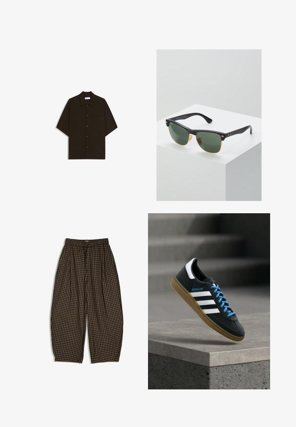 Donkerbruin overhemd met korte mouwen, knopen en een kraag, met een borstzak, platliggend op een witte achtergrond.; Loszittende bruine geruite broek met elastische tailleband en relaxte brede pijpen, ontworpen voor casual gebruik.; Zwarte Adidas-sneaker met witte strepen, blauwe veters en een gumzool die boven een grijze betonnen trede zweeft in zacht licht.; Ray-Ban zonnebrillen met groene lenzen, zwarte plastic monturen en gouden accenten aan de randen. Vierkante vorm met een matte afwerking.