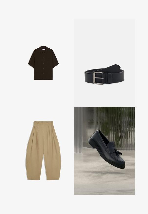 Chemise à manches courtes marron foncé avec boutons, col et poche poitrine, posée à plat sur un fond blanc.; Pantalon beige taille haute à jambes larges avec plis sur le devant, fermeture éclair, bouton et passants pour ceinture.; Mocassins en cuir noir avec une texture lisse, un bout arrondi et des pampilles décoratives à l'avant. Semelle en caoutchouc flexible avec un petit talon.; Ceinture en cuir noir avec une boucle en métal argenté, présentant une finition lisse et un design classique. La ceinture est enroulée avec l'extrémité pointée.