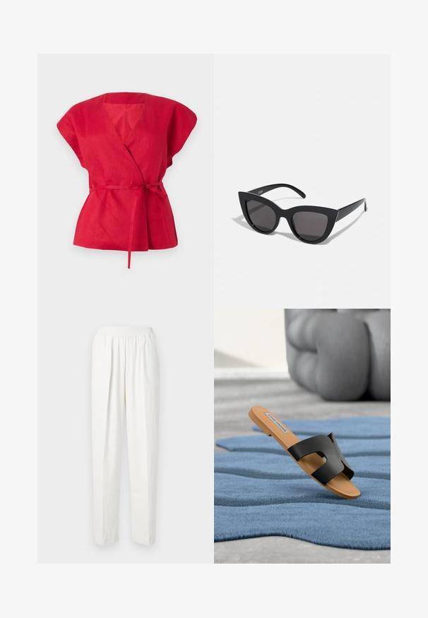 Haut enveloppant en lin rouge avec des manches courtes et larges, un décolleté en V profond et une ceinture à nouer à la taille. Tissu texturé avec une finition lisse.; Pantalons blancs à taille élastique avec une coupe droite, en matière douce et présentant de subtils plis avant pour une texture et un détail de design supplémentaires.; Sandale noire plate à bride fendue, montée sur une semelle beige. Matière en caoutchouc texturé, présentée sur une surface de tapis bleu.; Lunettes de soleil noires en forme d'œil de chat avec une finition mate, dotées de verres teintés gris, d'angles aigus et de branches élégantes. Nom de la marque visible sur la branche intérieure.