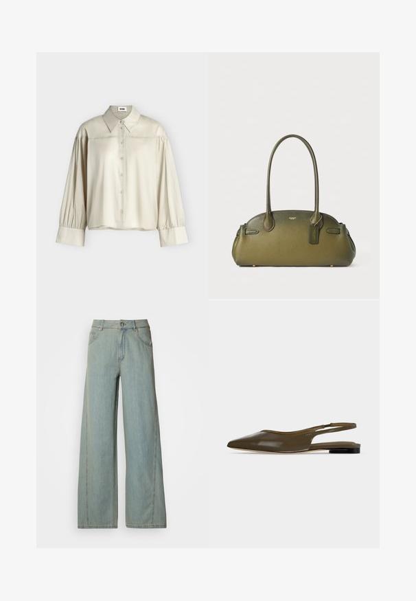 Beige blouse met lange mouwen, brede manchetten, knopen aan de voorkant, puntkraag en geplooide schouderdetails, afgebeeld op een effen achtergrond.; Lichtblauwe rechte jeans van denim, met een knoop- en ritssluiting, vijf zakken en contrasterende stikseldetails.; Olijfgroene platte slingback met spitse neus, lage zwarte hak en een gladde, glanzende afwerking.; Handtas van olijfgroen leer met lange handvatten, gouden Coach-logo en aangehecht leren label tegen een effen achtergrond.