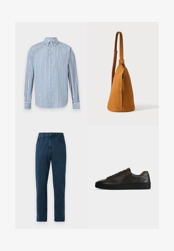 Camisa de manga larga con botones, con rayas verticales en azul, blanco y rojo y un bolsillo en el pecho, presentada sobre un fondo blanco liso.; Jeans de pierna recta en azul marino con botones frontales, pasadores para cinturón y costuras visibles en los bolsillos y las costuras.; Zapatilla de perfil bajo de cuero marrón oscuro con suela de goma negra, cierre de cordones y diseño liso y minimalista sobre un fondo claro.; Bolso bandolera de piel color canela con correa ajustable y bolsillo vertical con cremallera, mostrado de lado sobre un fondo claro y liso.