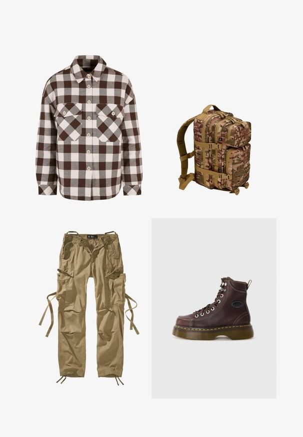 Brun og hvid plaid knap-op skjorte med to brystlommer, der har en klassisk krave og knap-ned foran. Blød stofstruktur.; Khaki cargo bukser lavet af bomuld med flere sidelommer, snore ved anklerne og knaptryk. Rette linjer og slidstærkt stof.; Brun læder ankelstøvle med tekstureret overflade, sølv øjer og gul syning. Har en kraftig gennemsigtig sål og en trækstrop.; Camouflage-rygsæk med tekstureret stof, flere rum med lynlåse, tan-farvede remme og hardware-detaljer. Justerbare polstrede skulderremme.