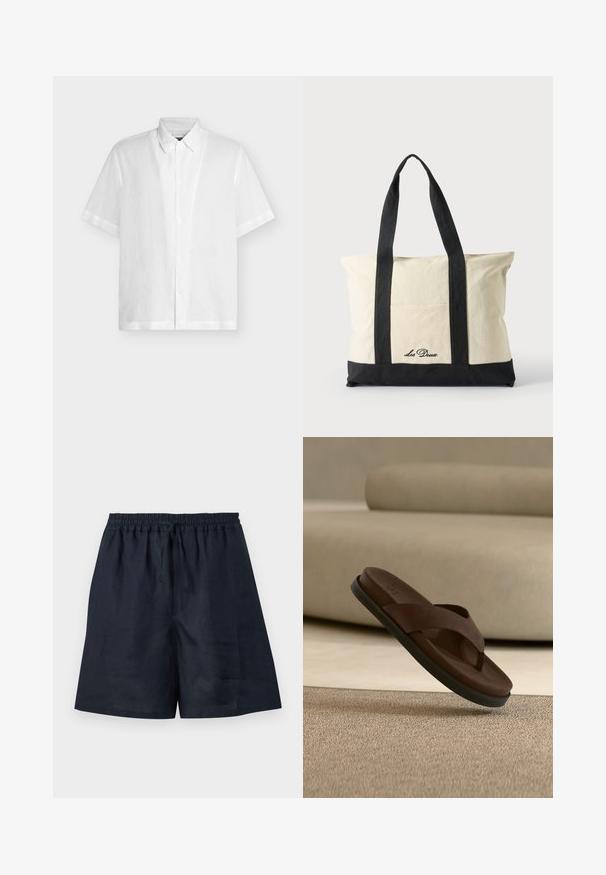 Chemise blanche à manches courtes avec boutons et col classique, présentée à plat sur un fond clair uni.; Shorts bleu marine décontractés avec taille élastique et cordon, tissu léger, longueur genou et coupe droite.; Sandale claquette en cuir marron avec une semelle noire suspendue au-dessus d'un tapis beige dans un intérieur aux tons neutres.; Sac fourre-tout en toile avec longues anses noires, bordure noire en bas et poche avant avec logo "Les Deux" en écriture noire.