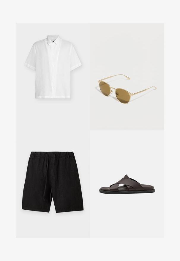 Chemise blanche à manches courtes avec boutons et col classique, présentée à plat sur un fond clair uni.; Shorts noirs décontractés avec taille élastique et cordon, longueur genou, en tissu léger.; Stuart Weitzman BERKLEY - Mules - espresso; Lunettes de soleil à monture ronde en métal doré avec des verres teintés marron reposant sur une surface blanche.