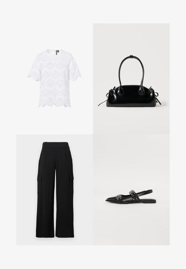 Witte blouse met korte mouwen met oogjeskantpatroon, gegolfde randen en een ronde halslijn, met een ritssluiting aan de achterkant.; Zwarte cargobroek met een wide-leg design, gemaakt van een glad, rekbaar materiaal. Voorzien van twee zijzakken met kleppen en een hoge tailleband.; Even&Odd by Zalando Slingback ballerina´s - black; Kleine zwarte glanzende handtas met twee lange hengsels en zijkant trekkoord details op een effen lichte achtergrond.