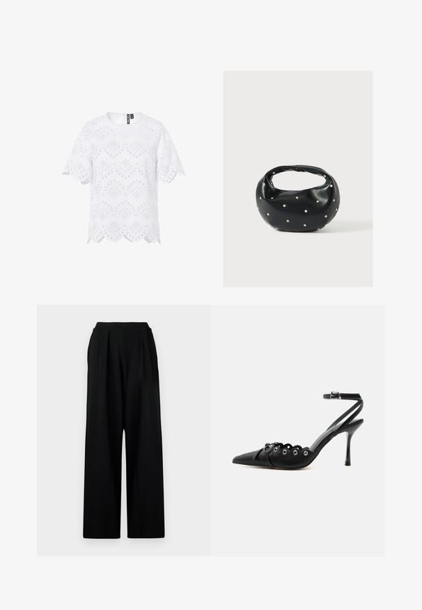 Witte blouse met korte mouwen met oogjeskantpatroon, gegolfde randen en een ronde halslijn, met een ritssluiting aan de achterkant.; Zwarte wijde broek met hoge taille, voorzien van voorplooien en een gladde, gestructureerde stof. Geen zichtbare zakken of versieringen.; Zwarte pumps met hoge hak en spitse neus, gegolfde randen, metalen oogjes, vetergespsluiting aan de voorzijde en enkelriem met gespsluiting.; Zwarte leren handtas met een afgeronde vorm, versierd met zilveren studs, en een korte handgreep. Gladde textuur en ritsluiting.