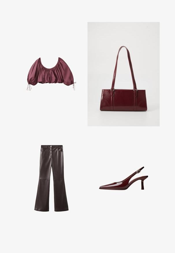 Gecropte, off-shoulder blouse in diep mauve met geplooide stof en elastische pofmouwen, gestrikt aan de polsen.; Bruine broek van kunstleer met uitlopende pijpen, voorzien van een hoge taille, steekzakken aan de voorkant en een gladde textuur, met subtiele naaddetails op de knieën.; Bordeaux patenten leren slingback pump met spitse neus, mid-height kittenhak en zilveren gesp op witte achtergrond.; Bourgondische handtas van glanzend materiaal, rechthoekige vorm, met twee schouderbanden en subtiele gebogen accenten aan de voorkant.