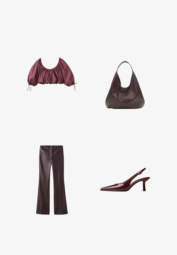 Zugeschnittene, schulterfreie Bluse in tiefem Mauve mit gerafftem Stoff und elastischen Puffärmeln, die an den Handgelenken gebunden sind.; Braune Schlaghose aus einem glatten Stoff mit eleganter Oberfläche. Verfügt über einen Reißverschluss vorne und einen sauberen Taillenbund.; Bordeaux-farbene Lackleder Slingback-Pumps mit spitzem Zehenbereich, mittelhohem Kitten-Absatz und silberner Schnallenriemen auf weißem Hintergrund.; Braune geflochtene Leder-Hobo-Tasche mit einem einzelnen Schulterriemen und einer lässigen, geschwungenen Form vor weißem Hintergrund.