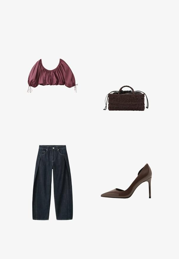 Blouse courte épaules dénudées en mauve foncé, avec tissu froncé et manches bouffantes élastiquées, nouées aux poignets.; Pantalon large en denim foncé avec coupe ample, taille haute, poches avant et surpiqûres contrastantes. Sans marque visible.; Escarpin à talon aiguille en cuir verni marron, avec bout pointu et côtés ajourés, présentant une finition brillante et un talon haut et fin.; Sac à main rectangulaire tissé marron foncé avec deux petites poignées et une pochette en tissu noire à cordon à l'intérieur.