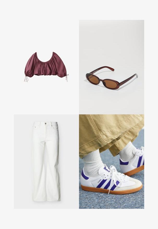 Zugeschnittene, schulterfreie Bluse in tiefem Mauve mit gerafftem Stoff und elastischen Puffärmeln, die an den Handgelenken gebunden sind.; Weiße Jeans mit hohem Bund und geradem Bein, vorne mit Knopf- und Reißverschluss sowie seitlichen und hinteren Taschen, vor einem schlichten hellen Hintergrund.; Weiße Sneakers mit lila Streifen und Akzenten, ausgestattet mit einer strukturierten Gummisohle und einem Schnürdesign, getragen mit weißen gerippten Socken.; Runde, braun getönte Sonnenbrillen mit einem glänzenden burgunderfarbenen Rahmen. Schlanke Bügel mit dezentem Branding. Flaches Linsendesign.