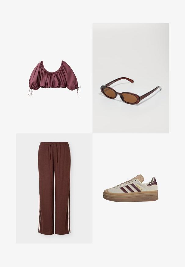 Gecropte, off-shoulder blouse in diep mauve met geplooide stof en elastische pofmouwen, gestrikt aan de polsen.; Bruine losse broek met witte zijstrepen, elastische tailleband en trekkoord, getoond op een effen achtergrond.; Beige suède sneakers met bordeauxrode strepen, witte accenten, een chunky doorschijnende zool en verhoogde branding aan de zijkant. Vetersluiting.; Ronde, bruin getinte zonnebril met een glanzend bordeauxrood frame. Slanke pootjes met subtiele merkdetails. Vlakke lensontwerp.