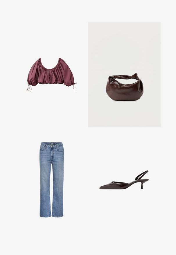 Zugeschnittene, schulterfreie Bluse in tiefem Mauve mit gerafftem Stoff und elastischen Puffärmeln, die an den Handgelenken gebunden sind.; Blaue hoch taillierte gerade Jeans aus Denim mit vorderem Knopf, Reißverschluss und Fünf-Taschen-Design.; Dunkelbrauner Lackleder-Slingback-Pumps mit spitz zulaufender Kappe und niedrigem Kittenabsatz vor weißem Hintergrund.; Dunkelbraune Lederschultertasche mit weicher, lockerer Form und einem gedrehten Knotengriff vor schlichtem weißem Hintergrund.