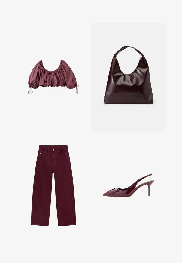 Beskåret, off-shoulder bluse i dyb mauve med samlet stof og elastiske pufærmer, bundet ved håndleddene.; Bordeaux bredde ben jeans lavet af bomuldsdenim, med fire-pocket design og metalknap lukning med matchende syninger.; Bordeaux laklæder slingback højhælet sko med spids tå og dekorativ spænde detalje foran.; Bordeaux, skinnende vegansk læder tote taske med en blød, skulpturel form og et bredt, buet håndtag for nem bæring.