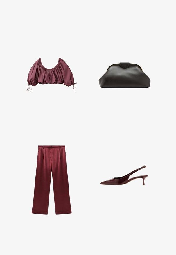 Blouse courte épaules dénudées en mauve foncé, avec tissu froncé et manches bouffantes élastiquées, nouées aux poignets.; Pantalons larges bordeaux en satin avec une texture lisse, dotés d'une taille haute et de deux poches latérales pour un détail fonctionnel.; Chaussure slingback à petit talon en cuir verni marron foncé avec bout pointu et bride réglable à boucle.; Pochette en cuir noir souple avec un cadre arrondi et une petite fermeture à languette en haut au centre.