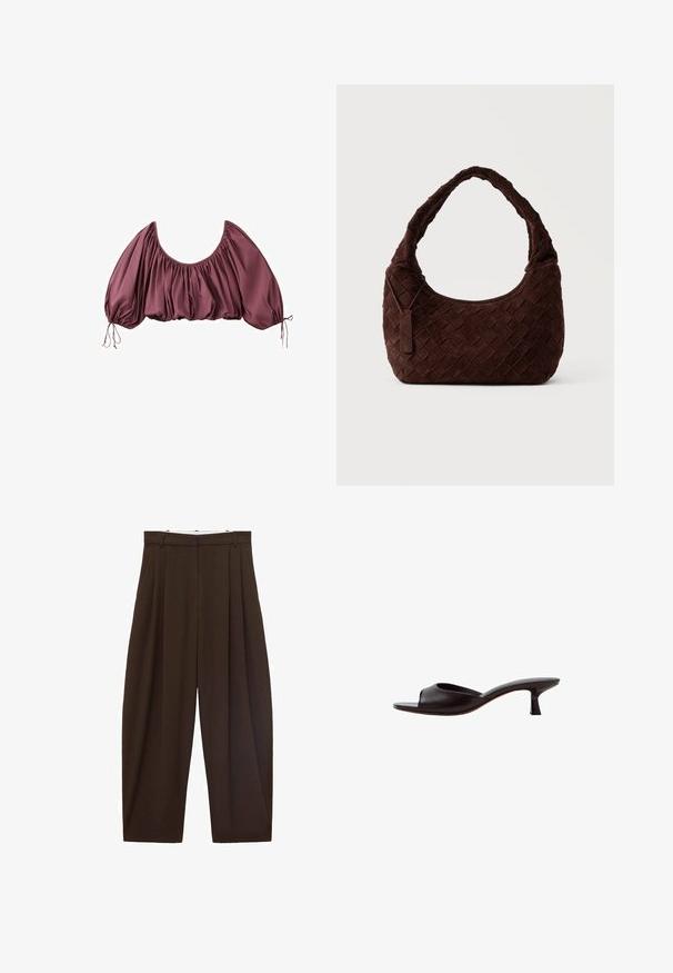 Beskåret, off-shoulder bluse i dyb mauve med samlet stof og elastiske pufærmer, bundet ved håndleddene.; Brune højtaljede bukser med folder, lavet af glat stof. Løs pasform, straight leg design, med bæltestropper og lynlås.; Sort mule sandal med åben tå, lav buet hæl og en glat læderoverdel mod en hvid baggrund.; Mørkebrun vævet skuldertaske i læder med blød, afrundet form og bred hank, med et lille fastgjort lædermærke.