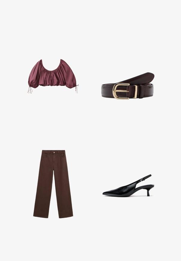 Zugeschnittene, schulterfreie Bluse in tiefem Mauve mit gerafftem Stoff und elastischen Puffärmeln, die an den Handgelenken gebunden sind.; Braune, weit geschnittene Hosen aus Denim mit Knopfverschluss, Gürtelschlaufen und Fronttaschen. Glatte Textur mit gleichmäßiger Farbgebung.; Schwarzer Slingback-Kittenheel aus Leder mit spitzer Zehenpartie und verstellbarer Schnalle, auf weißem Hintergrund.; Brauner Ledergürtel mit goldfarbenem Metallverschluss, der eine glatte Textur und ein klassisches, zulaufendes Design aufweist.