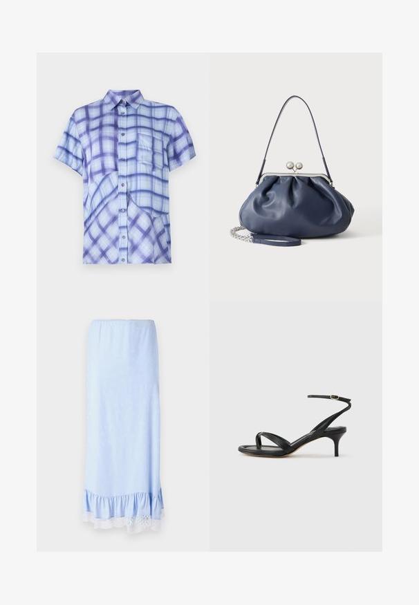 Chemise à manches courtes de couleur bleu clair avec un motif en plaid violet foncé, fermeture à boutons sur le devant, poche poitrine simple et design décontracté.; Jupe en satin bleu clair avec un ourlet volanté, ornée d'une bordure en dentelle blanche et de motifs floraux subtils sur l'ensemble du tissu. Taille élastique.; Sandale pour femme en cuir noir avec fines lanières, une boucle d'orteil, une boucle à la cheville et un talon aiguille de hauteur moyenne sur un fond neutre.; Sac à main en cuir bleu marine doux avec fermeture à boucle argentée, une seule bandoulière, et une chaîne de poignet amovible sur fond blanc.
