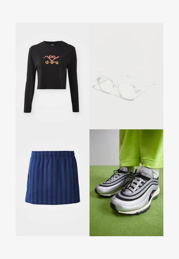 Sort langærmet crop top lavet af bomuld. Har et farverigt grafisk motiv af en slange og en nøgle på forsiden. Enkel design med rund hals.; Mørkeblå nederdel med lodrette striber, elastisk talje, længde til midten af låret, lavet af letvægtsstof, glat tekstur.; Sølv- og sorte Nike Air Max 97 sneakers har et bølget design, mesh- og lædermaterialer, sorte snørebånd og et pink accentlogo.; Gennemsigtige rektangulære briller med klare stel og sider, placeret på en hvid overflade med bløde skygger.