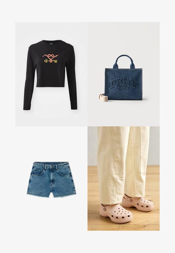 Čierny dlhý rukáv cropped top vyrobený z bavlny. Na prednej strane sa nachádza farebná grafika hada a kľúča. Jednoduchý dizajn s okrúhlym výstrihom.; American Vintage SHORT FEMME JOYBIRD. - Denimové šortky - denim bleu; Svetloružové gumové dreváky so ventilačnými otvormi, kontúrovaným tvarom a textúrovou podrážkou pre lepšiu priľnavosť. Nosené s svetlobežovými nohavicami.; Džínová taška na rameno s krátkymi rukoväťami, vyšitá nápisom "DKNY New York" na prednej strane a béžovým odnímateľným ramenným popruhom vedľa nej.