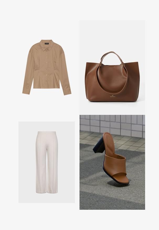 Camisa marrón de manga larga con cuello tipo polo, cierre de botones en la parte delantera y detalles de pliegues. Confeccionada en una tela suave con un diseño entallado.; Pantalones de pierna ancha en tela beige claro con una textura suave. Presenta dos costuras verticales y un corte limpio y uniforme en el dobladillo.; Sandalia tipo slide de cuero sintético marrón con textura suave, puntera abierta y un tacón grueso negro. Diseño minimalista con una tira ancha que cruza el pie.; Bolsa tote de cuero marrón con una textura suave, grandes asas circulares, con un diseño minimalista y un logo grabado en la parte inferior.