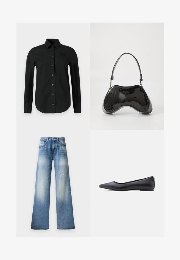 Musta pitkähihainen paita, jossa on kaulukset, napillinen edusta, yhtenäinen tekstuuri ja hillitty logo rinnassa.; Vaaleansiniset leveälahkeiset farkut denim-materiaalista, joissa on haalistunut pesu, lievää kulutusta, klassinen viisi-taskumalli ja nappisuljenta.; Musta kärjestään terävä, matalakorkoinen nahkainen tasapohjakenkä, esitetty sivuprofiilissa valkoista taustaa vasten.; Mustat patenttinaiset käsilaukku, jossa on ainutlaatuinen kaareva muoto, lyhyt säädettävä kahva ja vetoketjulla suljettava yläosa. Sileä pinta ja hienovarainen brändäys.