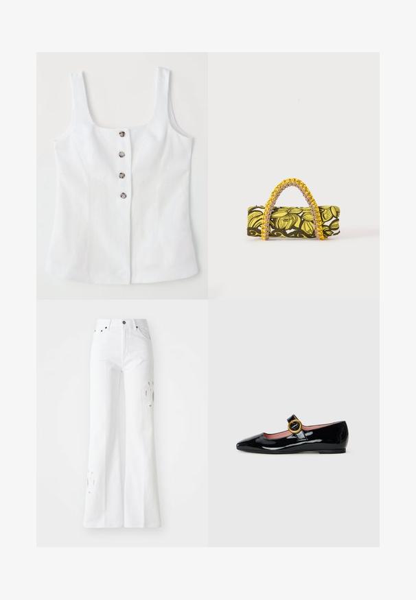 Hvid linned top med firkantet udskæring, fem metalliske knapper foran og brede skulderstropper. Glat tekstur og skræddersyet pasform.; Hvide flare-jeans lavet af denim, med høj talje, subtile udskæringsdesigns og fem lomme-stil. Metalknap og lynlås lukning.; Sorte patentlæder flade sko med en afrundet spids tå og et bånd med en stor guldfarvet rund spænde.; Rektangulær taske med gult og sort blomsterprint og flettet gul og pink hank på hvid baggrund.